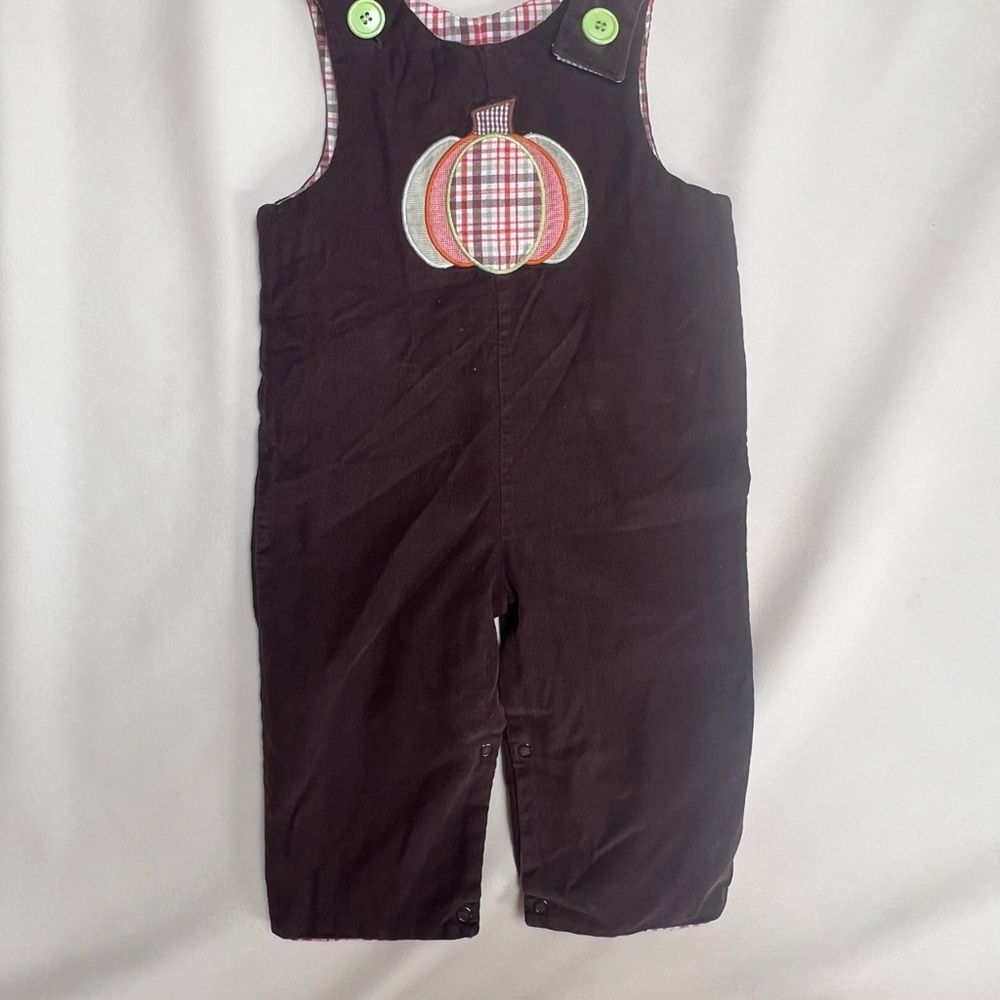 Vintage Corduroy Pumpkin Appliqué baby reversible Overalls - Brown